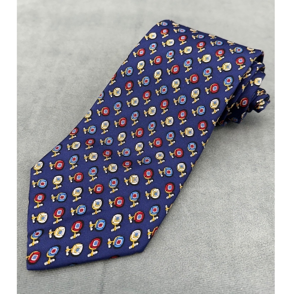 Louis Dell'Olio Mens Silk Tie Navy Blue Geometric Novelty Print Made in Italy